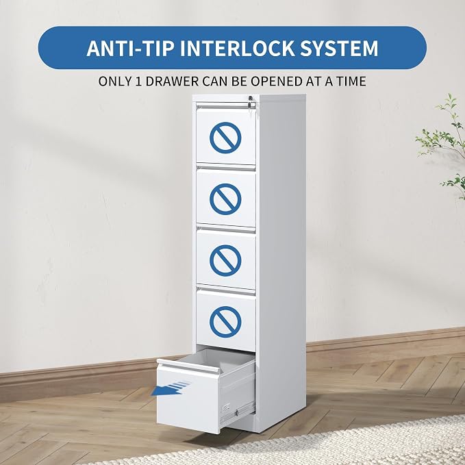 5 Drawer File Cabinet with Lock,Metal Vertical Filing Cabinets for Home Office,Heavy Duty File Storage Cabinet for Letter/Legal/A4/F4 Size File,Assembly Require (White, Vertical 5 Drawer)