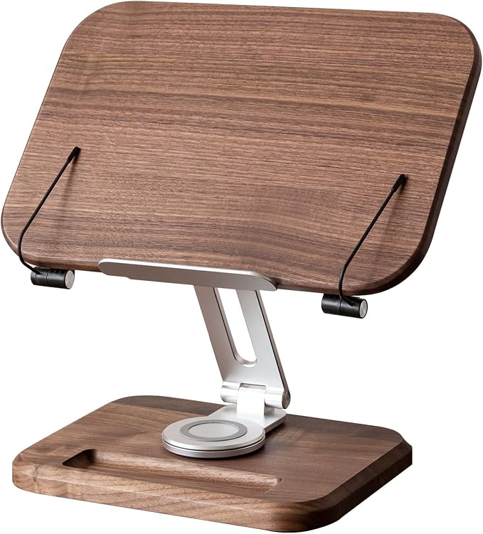 Solid Walnut Wood Bookshelf, Adjustable Book Stand, 360° Rotatable Foldable Laptop & Cookbook Holder for Bedroom Office Study