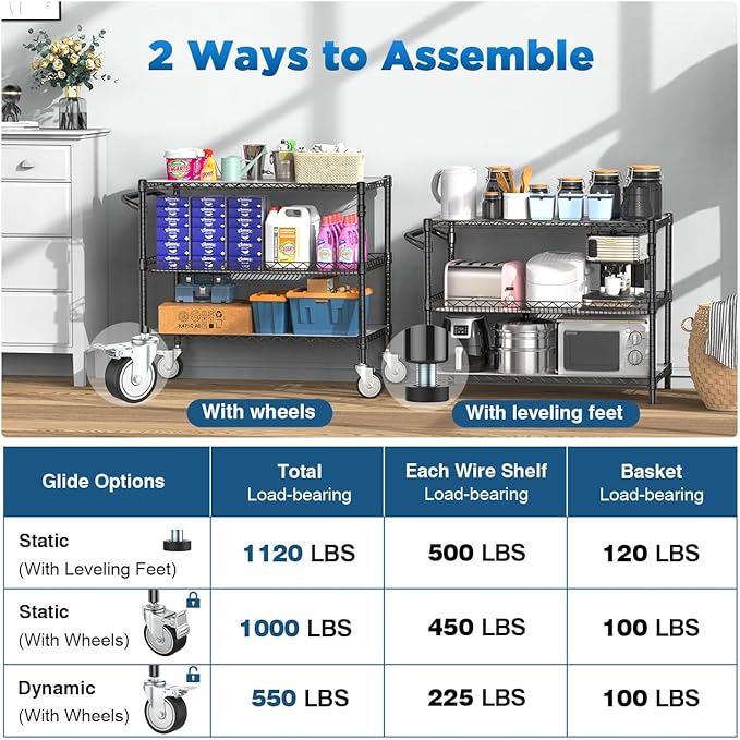 Leteuke Heavy Duty Rolling Utility Cart, 45 Inch Kitchen Carts with Wheels, NSF Commercial Grade with Handle & Shelf Liners, 1120LBS Storage Cart for Kitchen,Restaurant,Plant Display-Black | 3 Tier Heavy Duty Serving Cart with Handle & Shelf Liners, NS...