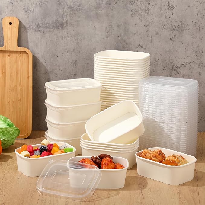 Maxdot 50 Pack 25 oz Disposable Food Containers with Lids Paper Food Containers Bowls for Meal Prep, Salad, Ice Cream, Yogurt, Soup Bowls Party Leftover Box