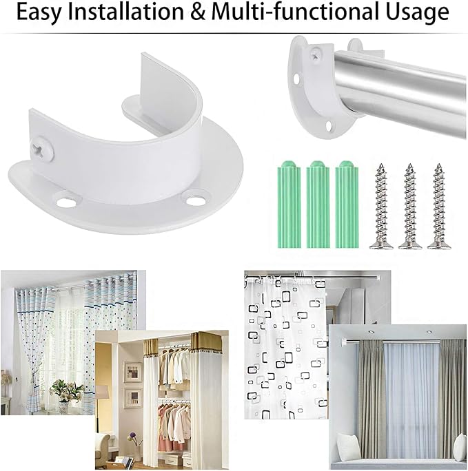 OwnMy 4 Pack Closet Rod End Supports Brackets 1-1/2" Dia Closet Rod Holders | U Shaped Stainless Steel Closet Pole Sockets, White Closet Rod Brackets Flange Rod Holders, Metal Shower Curtain Rod Holders