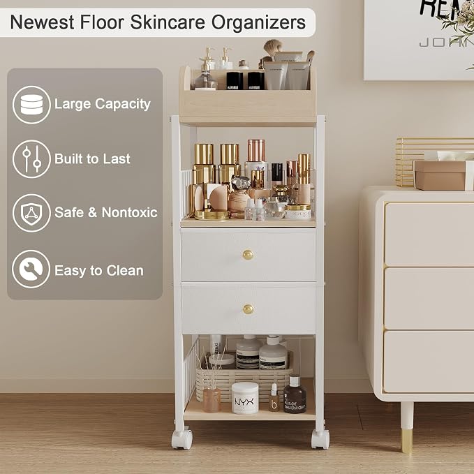 Floor Makeup Organizer Storage Cart Rolling Makeup Cart with Drawers | Make Up Organizers and Storage for Skincare Cosmetics Display Cases Holder for Skin Care Nail Polish Perfume Makeup Brush