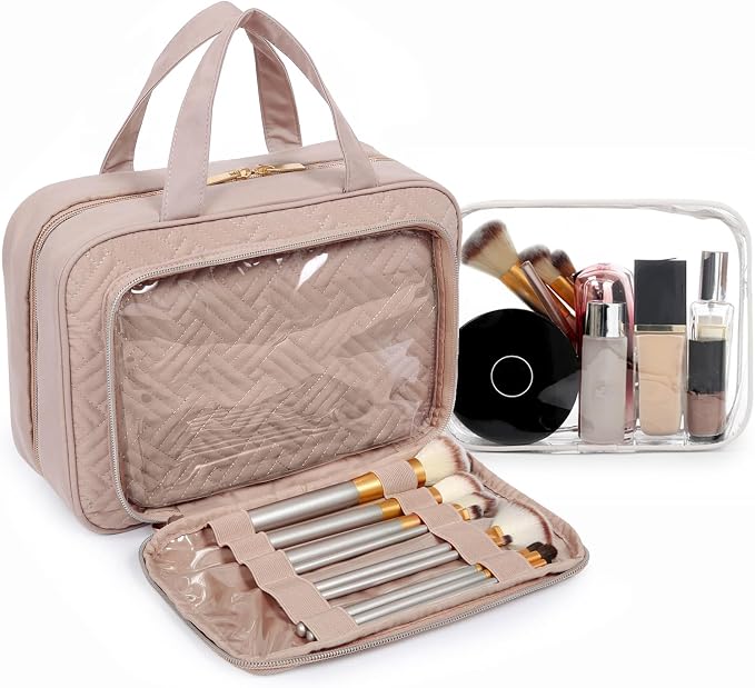 BAGSMART Toiletry Bag Hanging Travel Makeup Organizer with TSA Approved Transparent Cosmetic Bag Makeup Bag for Full Sized Toiletries(Coffee Brown)