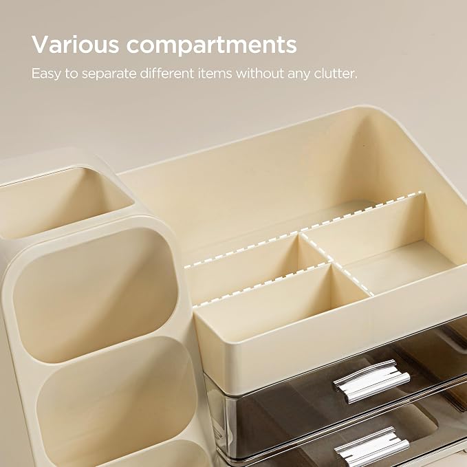 HBlife Makeup Organizer with Brush Holder for Vanity, Large Plastic Bathroom Countertop Organizer Skin Care Storage, Easy to Store Lipsticks, Nail Polishes, Perfumes, Eyeshadow Palettes, Beige