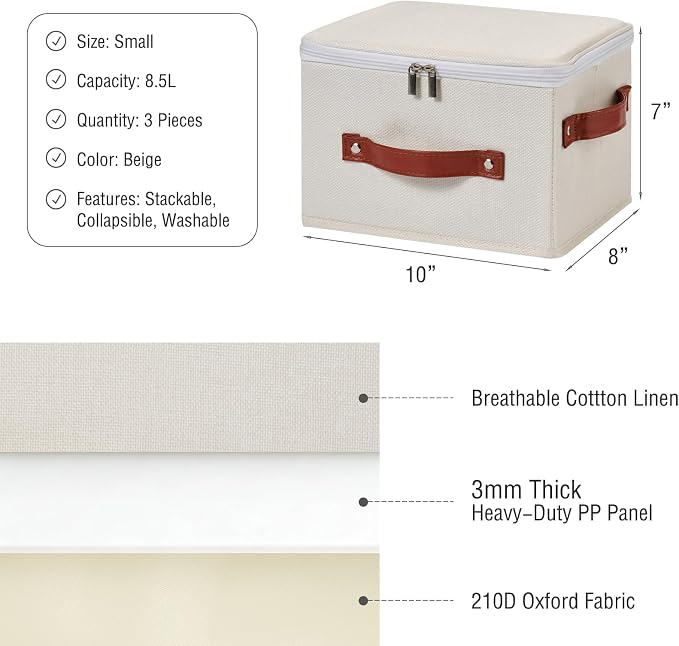 3PCS Storage Bins Boxes with Zippered Lids Cotton Linen Fabric Decorative Basket PU Leather Handles PP Plastic Board Foldable Lidded Clothing Shelf Closet Organizer Container (Beige, Small)