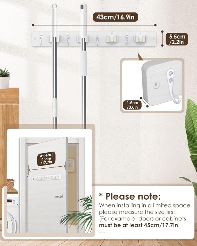 AceMining White Broom Holder Wall Mount, 4 Holders 4 Hooks Mop Holder | Mop Holder Wall Mount and Broom Hanger for Garage, Laundry Room, Kitchen and Utility Storage