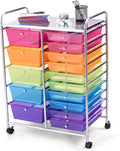 GOFLAME 15-Drawer Rolling Storage Cart, Craft Storage Cart with Removable Drawers & Lockable Wheels, Art Cart Supply Storage Organizer for Home Office Classroom, Rainbow