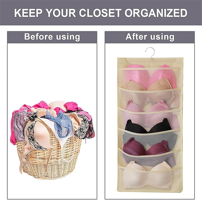 Hanging Mesh Pockets Dual-Sided Closet Organizer for Underwear,Bra,Socks,Accessories with Hanger,Total 24 Pockets Beige