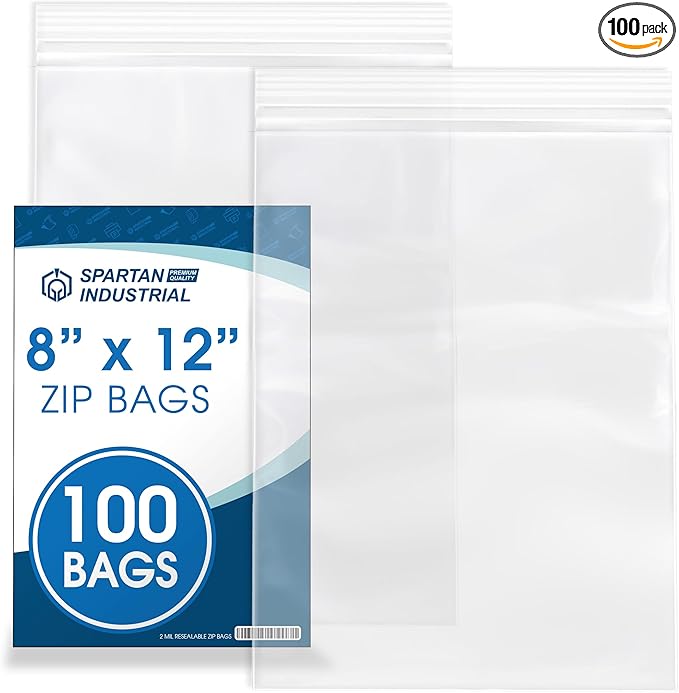 Spartan Industrial - 8” X 12” (100 Count) 2 Mil Clear Reclosable Zip Plastic Poly Bags with Resealable Lock Seal Zipper