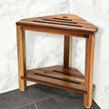 IBosins Corner Shower Stool with Storage Shelf Shower Foot Rest for Shaving Legs Small Bench for Inside Shower to Sit on Bath Seat - Acacia Wood