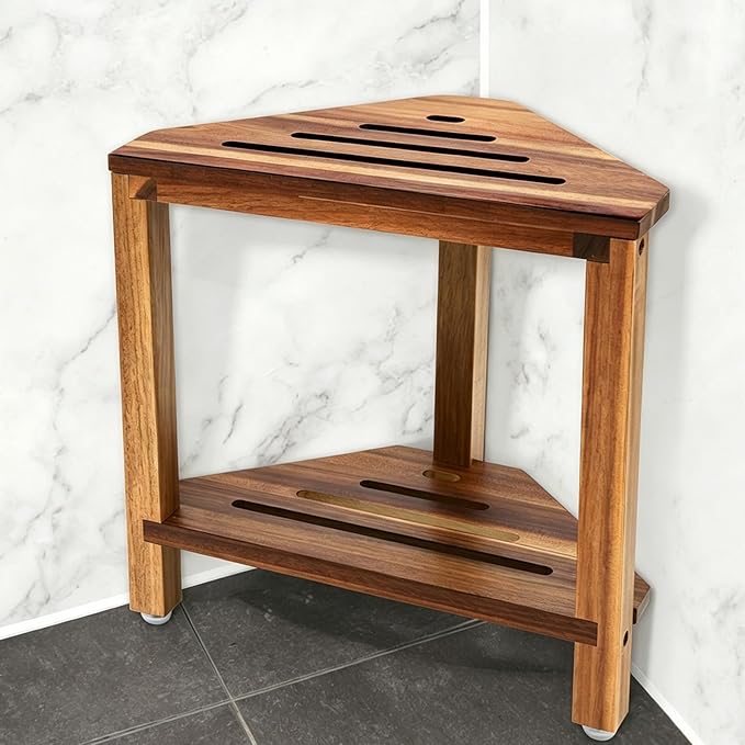 IBosins Corner Shower Stool with Storage Shelf Shower Foot Rest for Shaving Legs Small Bench for Inside Shower to Sit on Bath Seat - Acacia Wood