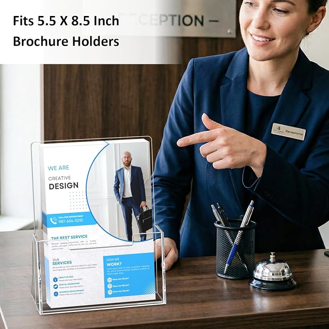 Acrylic Brochure Holder 8.5 x 5.5 Inch, 6 Pack, Bi-fold Flyer Desk Holder | Clear, Brochure Display Stands, for Pamphlets, Magazines, Leaflets, Literatures, Booklets, Countertop Organizer, Office