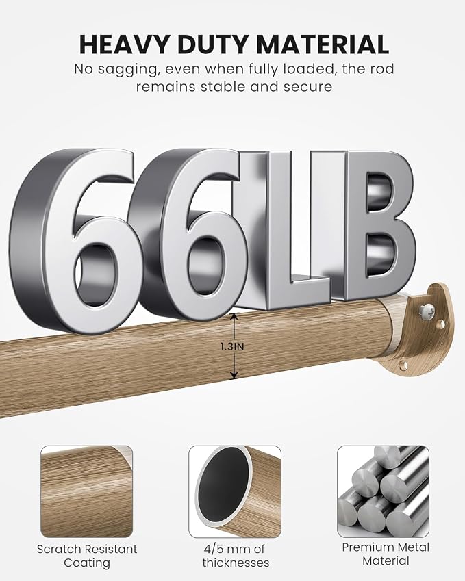 Supforce Closet Rods for Hanging Clothes, 17 to 84 Inches Stepless Adjustable Metal Closet Rod, 1.3 Inches Heavy Duty Clothes Hanging Rod for Closet Wardrobes Laundry RV(Wood Grain)