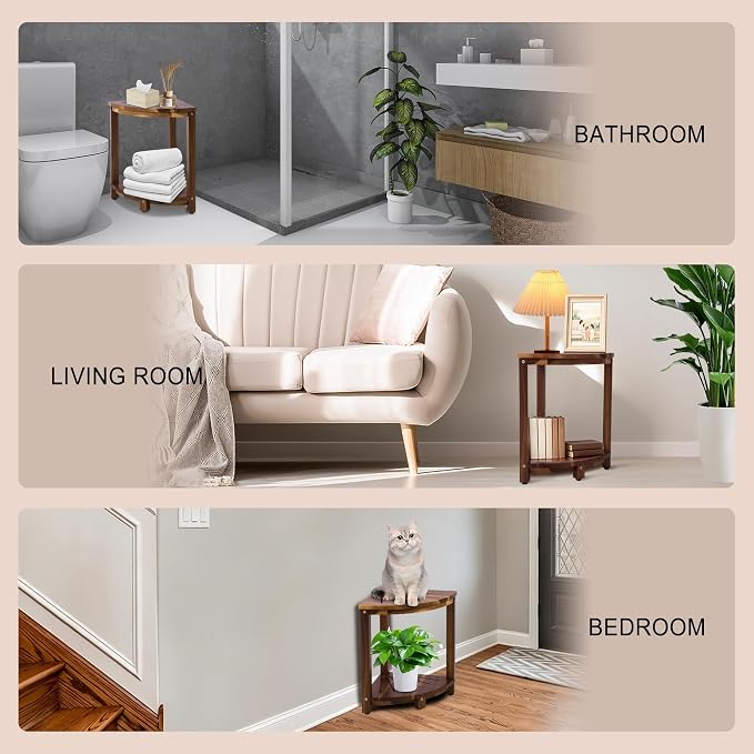 Bathroom Corner Shower Stool with Storage Shelf, Footrest for Shaving Legs, Sitting, Storage, Sturdy Bathroom Organizer for Shower, Kitchen, Living Room, Large Fan Shape–Acacia Wood
