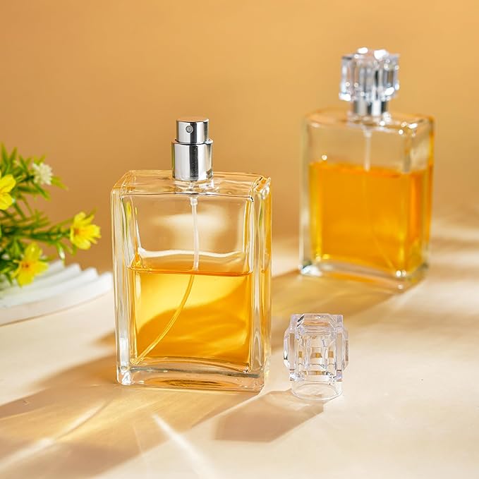 YU FENG 2 Pack Perfume Spray Bottles, 100ml/3.4oz Refillable Glass Atomizer | Empty Square Clear Glass Bottles, Fine Mist Spray, Cologne Container, Essential Oil & Travel Perfume Bottle