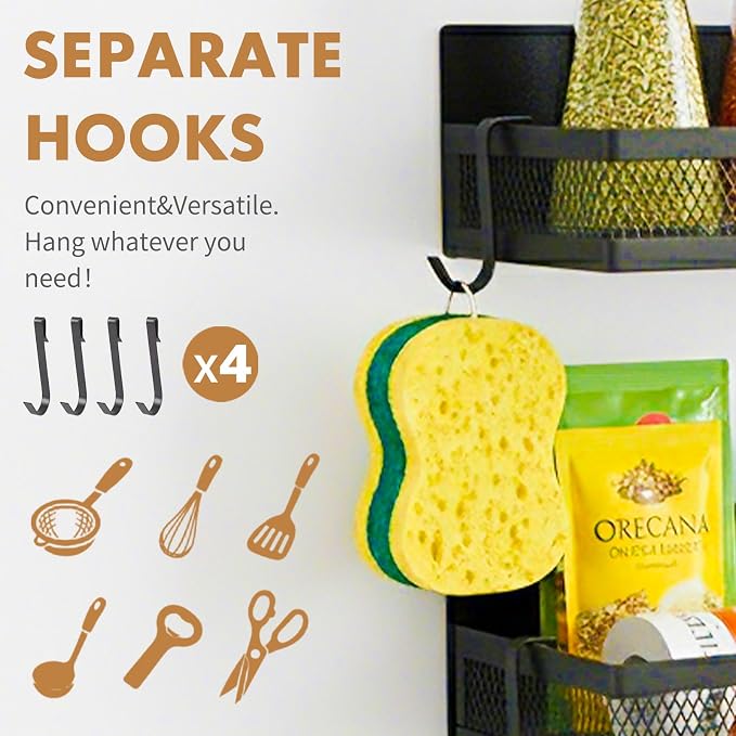3 Pack Magnetic Spice Rack for Refrigerator,Fridge Magnet Organizer with Moveable 4 Hooks, Include Paper Towel Holder,Magnetic Shelves for Kitchen Organization and Storage