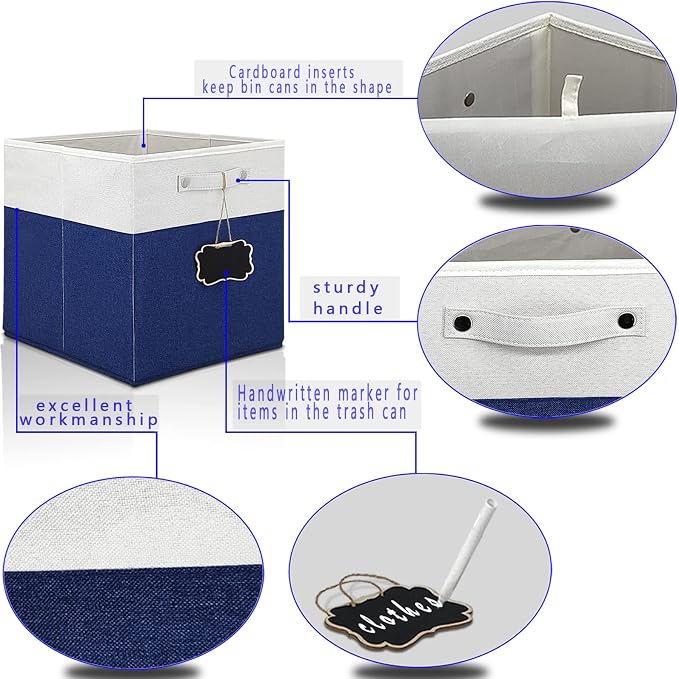 11 x 11 storage cubes,Set of 4 Collapsible Fabric Storage Cubes with Labels,Linen Cube Storage Organizer Bins Kallax Storage Cubes for Organizing Home,Shelves,Nursery Toys,Clothes(White Blue).