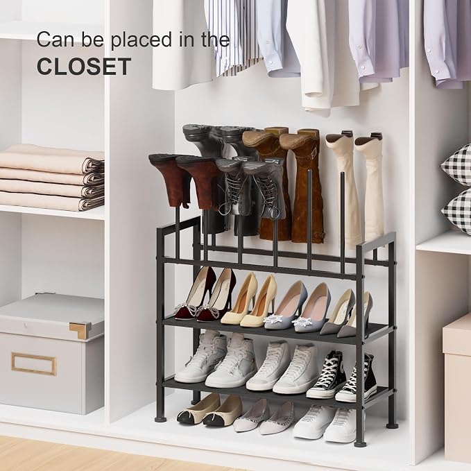 DIMJ Free Standing Shoe Racks - 4-Tier Boot Rack, Black Metal Boot Storage Organizer Tall Boots, Tall Boot Organizer for Closet, Multiuse Shoe Rack for Boots, Sneakers,Fit for 6 Pairs Boots, Black
