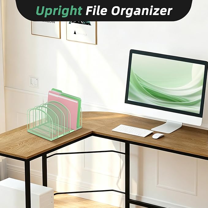 SUPEASY File Organizer for Desk, 5-Section Mesh Desk Organizer, Vertical File Holder Desktop Organizer File Sorter, File Folder Holder for Office Supplies, Mint Green