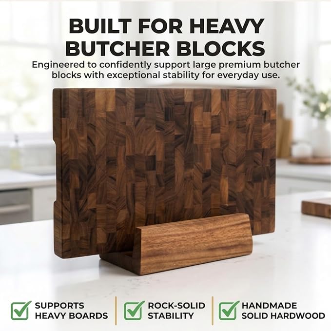 SHUMARU Cutting Board Holder for Countertop - Solid Hardwood Stand for Premium Butcher Blocks - Fits One 2" Thick or Two 1" Cutting Boards - Heavy-Duty Kitchen Organizer with Anti-Tip Rear Support