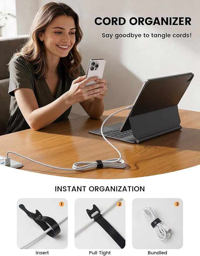 Lamicall 60PCS Reusable Cable Ties, Upgraded Tapered Tail for Effortless Threading, 6-Inch Durable Nylon Hook and Loop Cord Organizer Straps, Adjustable Cable Management for Desk, PC, Home & Office