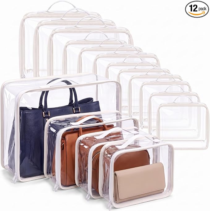 Hsei 12 Pcs Clear Dust Bags For Handbags 4 Sizes Fits Mini Wallet Oversized Tote Bags PVC Waterproof Purse Storage Organizer for Luxury Bag Soft Stand-Up with Zipper Handle for Closet Hanging (White)