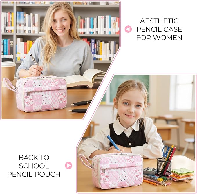 WOBAGMEN Quilted Pencil Pouch for Girls Women, Large Pencil Case Pouch with Compartments Cute Aesthetic Pencil Case Organizer, Floral Pencil Bag for School Supplies (Pink Checked Patchwork)