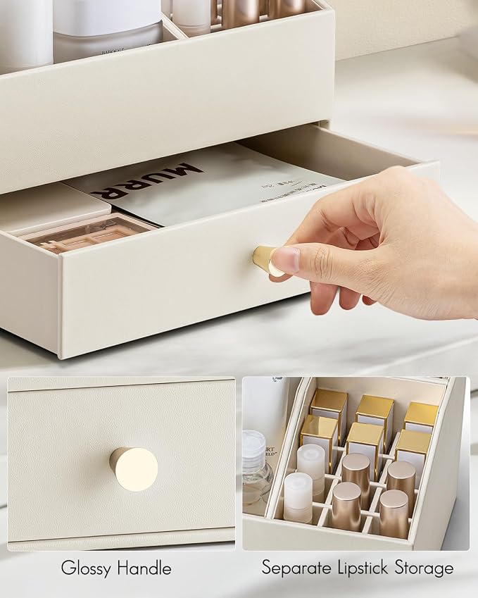 VLANDO Makeup Organizer,Vanity Organizer with Drawers, PU Leather Skincare Organizer Perfume Organizer,Large Cosmetic Display Case for Lipstick,Brushes Gifts for Women-Beige