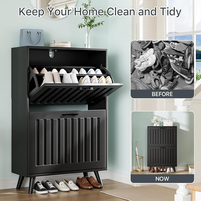 Shoe Storage Cabinet with 2 Flip Drawers, Modern Freestanding Organizer with Adjustable Shelf, Narrow Shoe Rack Cabinet for Entryway, Black