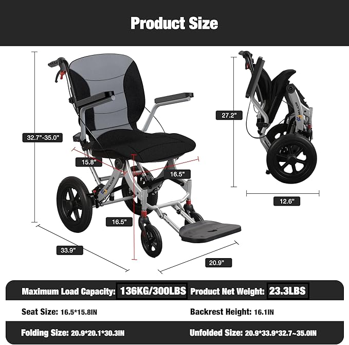 Wheelchairs for Adults Ergonimic Transport Chair Lightweight Foldable with Telescopic Handle 11-inch Big Wheels for All Terrains Travel Wheelchair with Removable Cushion