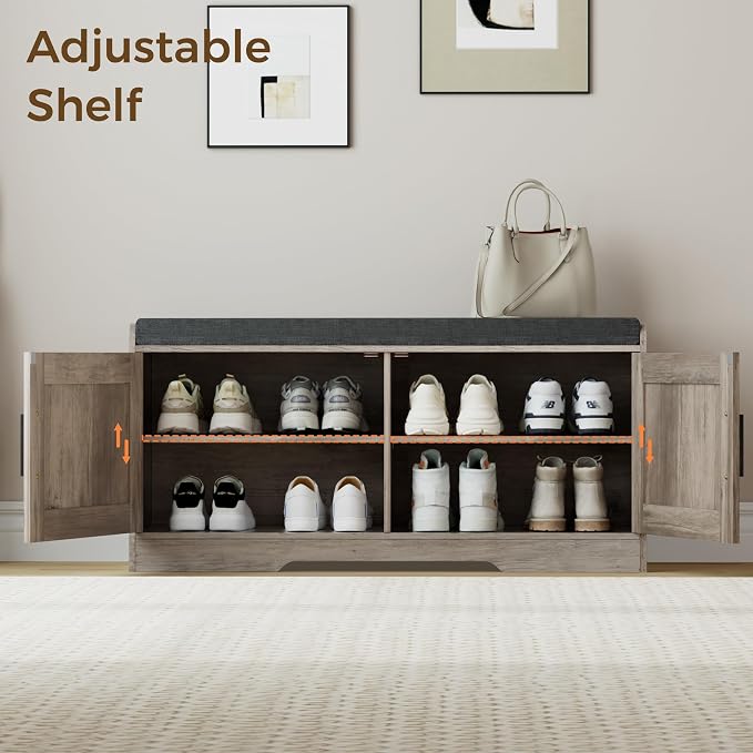 Homleke 2-Tier Storage Bench, Shoe Bench with Thickened Padded Seat Cushion, Entryway Bench with 2 Doors, Adjustable Shelf, 13.8" D x 37.4" W x 18.5" H, for Entryway, Living Room, Bedroom, Greige