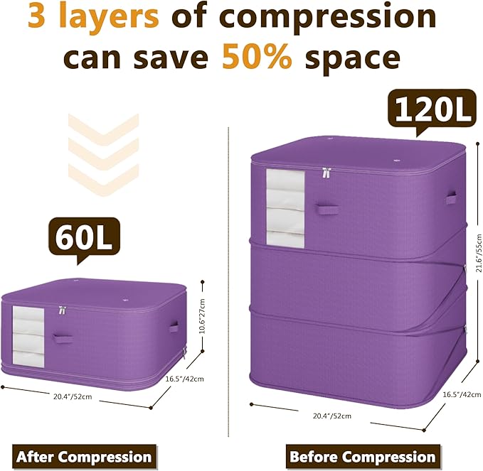 3-Layer Compressible with Zippers Blanket & Comforter Storage Bag,Ultra Space Saving Self Compression Organizer，Save 50% Space, 2 PCS，Purple