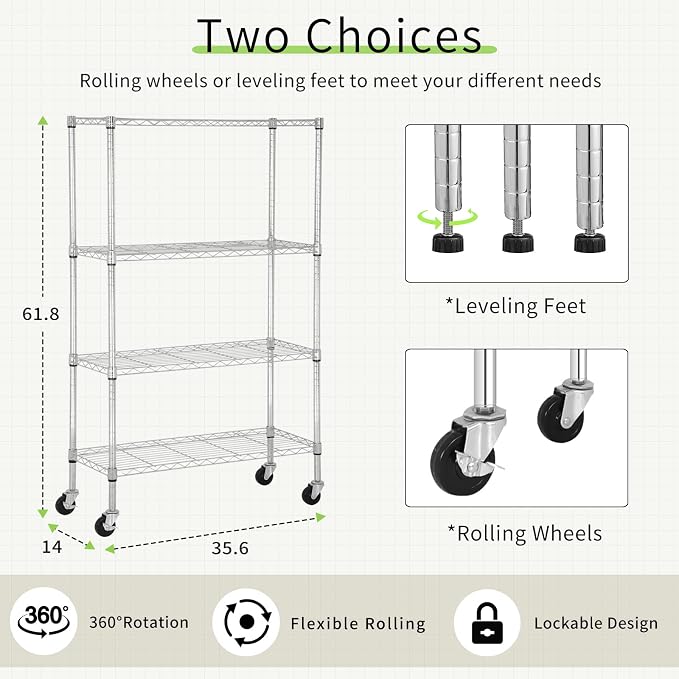 4 Tier Shelving Unit 62" H Adjustable Metal Shelves w/Wheels Heavy Duty Storage Shelf 1400Lb Capacity Garage Shelving Storage Wire Shelving for Kitchen, 36" L x 14" D x 62" H, Chrome
