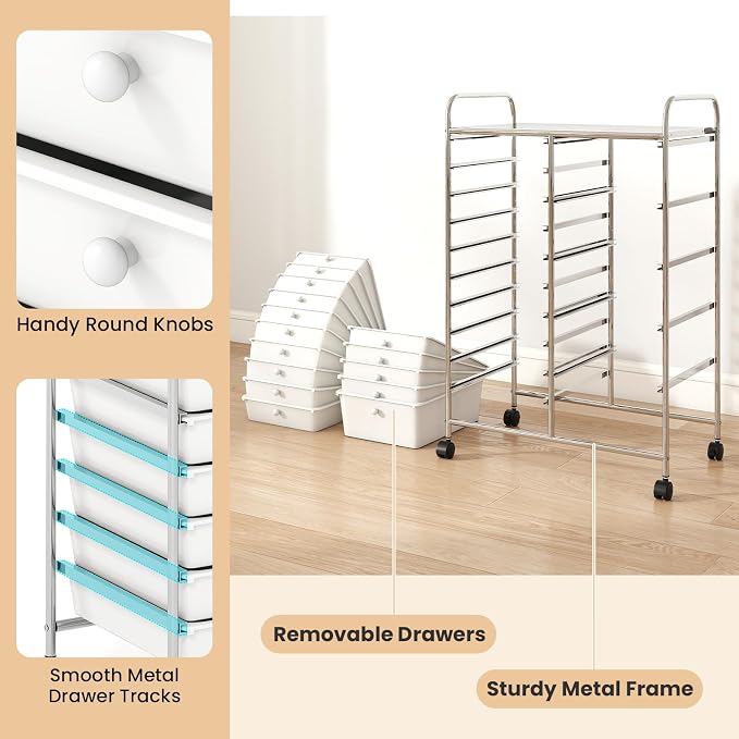 DREAMADE 15-Drawer Rolling Storage Cart, Mobile Craft Cart, White | Utility Organizer with Lockable Wheels, Removable Plastic Drawers and Metal Frame for Home Office, Classroom and Studio