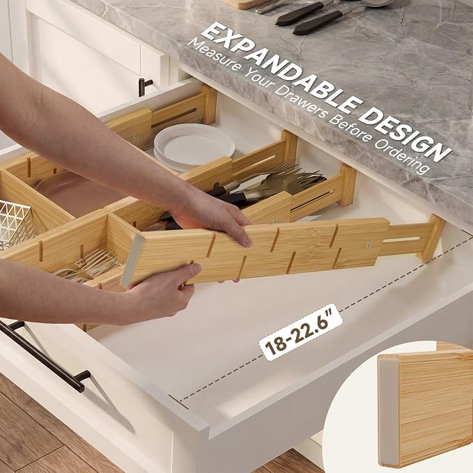 Bamboo Drawer Dividers, Expandable Kitchen Drawer Organizer | Include 4 Dividers, 4 Small Inserts and 4 Medium Inserts for Home, Office, Dressers