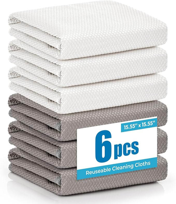 Microfiber Glass Cleaning Cloth 6 Pack - 15.5x15.5 Inch Lint Free Streak Free Polishing Cloth for Windows and Mirrors, Fish Scale Nano Cleaning Cloth for Car Window Detailing