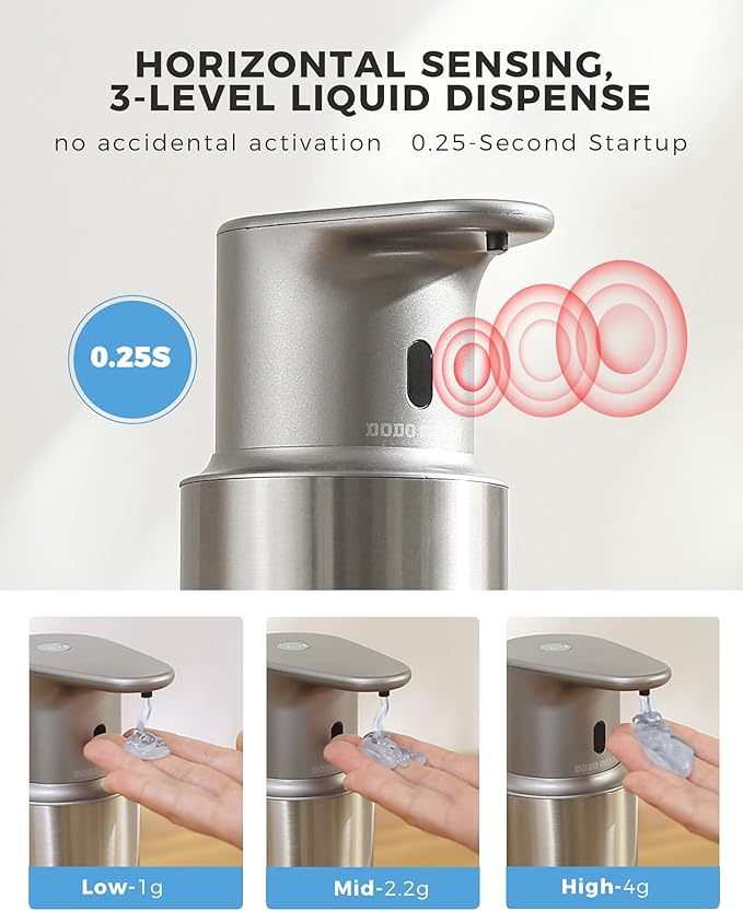 Automatic Liquid Soap Dispenser Touchless, 304 Stainless Steel Bottle Body | 16.2oz/480ml Rechargeable Dish Soap Dispenser, 3 Adjustable Liquid Levels, IPX7 Waterproof, for Kitchen Bathroom