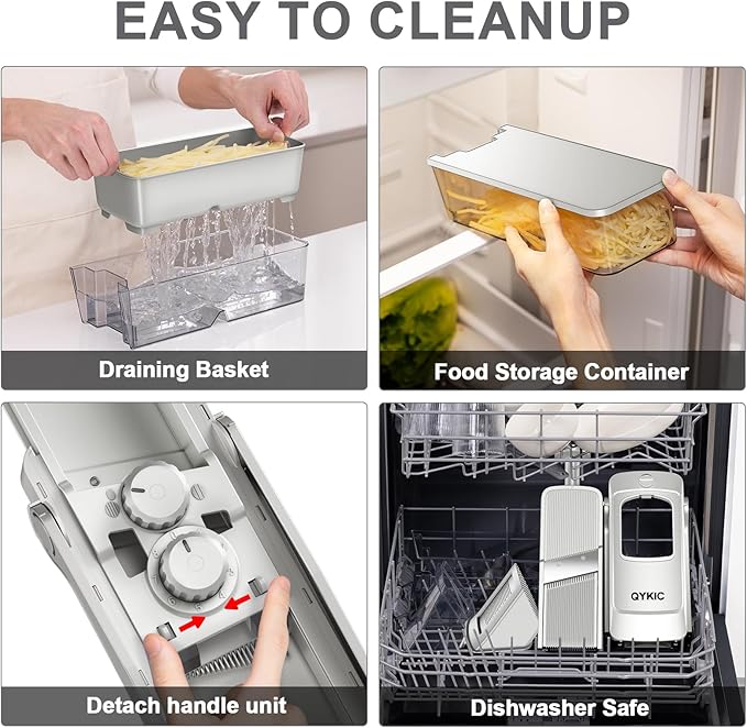 QYKIC Upgrade Safe Mandoline Slicer,Vegetable Chopper,Potato Slicer, Onion Chopper with Drain Basket Storage Container, Cheese Grater Kitchen Chopping Artifact (SliverGray)