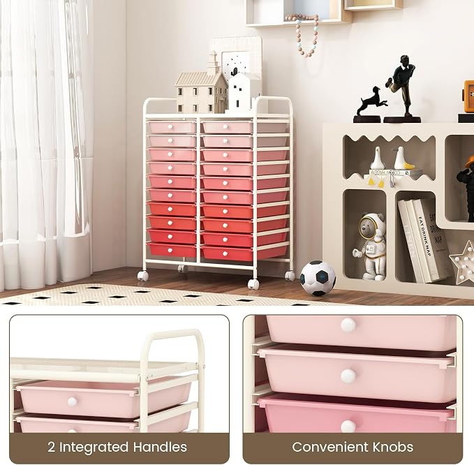 LDAILY 20-Drawer Rolling Storage Cart, Rolling Storage Cart, Storage Organizer on Wheels, Metal Frame, Scrapbook Paper Tools, Suitable for Office School, Classroom (Gradient Pink, 20 Drawer)