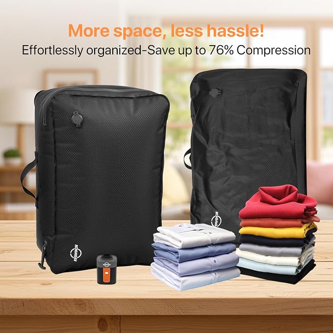 Vacuum Travel Bag for Luggage with Wireless Pump 35L, 180° Open Zipper, IP68 Waterproof, Reusable Compression Bags for travel to Save Space, Fits 20-28in Suitcase, Backpack, Cloth (2PC + Pump) | 35L, Wireless Pump, 180° Open Zipper, IP68 Waterproof, Re...