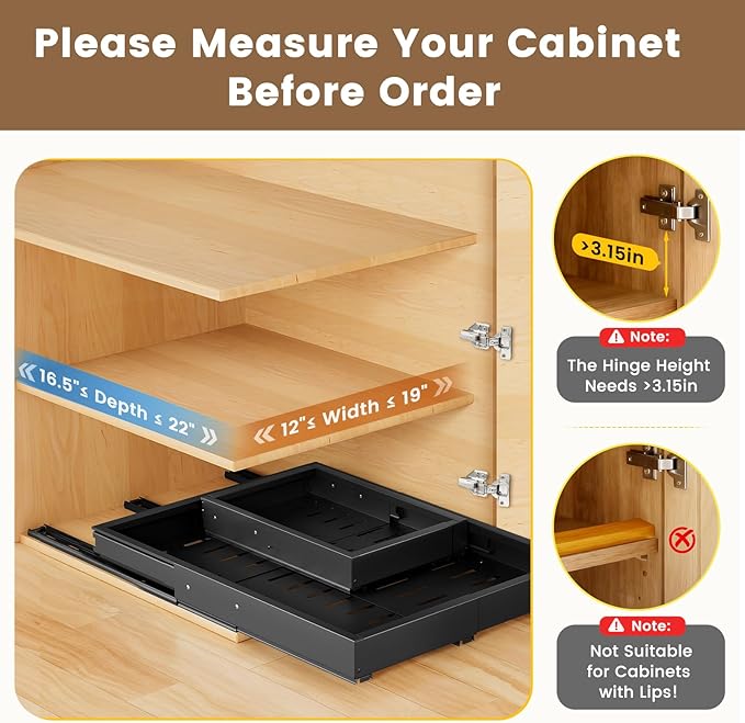 Upgrade Pull Out Cabinet Organizer, Expandable Width (11.4"-18.9") Depth (16.3"-21.7") Pull out Drawers for Cabinets with 3 Rails, No Drill Adhesive Film or Nail Slide out Drawers for Kitchen, Pantry