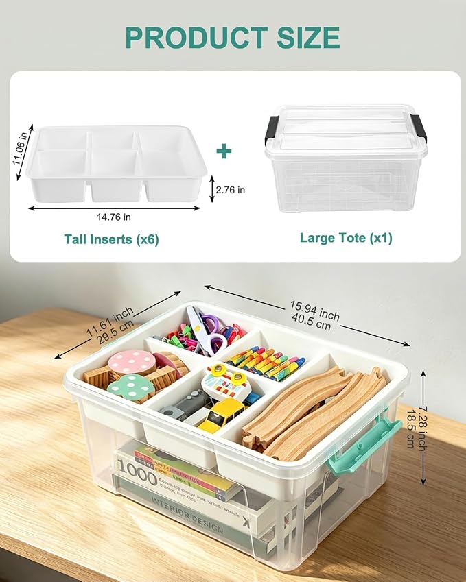 EOENVIVS Clear Stackable Storage Organizer Box with Dividers, Multi-Functional Container for Building Blocks, Toys, Crafts and Tools
