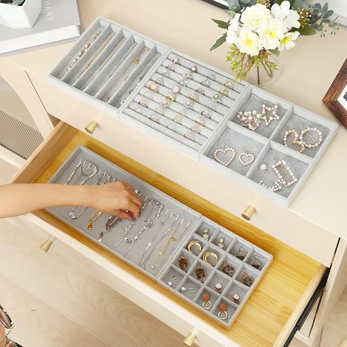 Fixwal Jewelry Organizers and Storage, 14in Stackable Jewelry Drawer Organizer, Set of 5 Jewelry Trays with Removable Dividers, Multi-Layer Tray for Earrings Necklaces Bracelets Watches, Grey