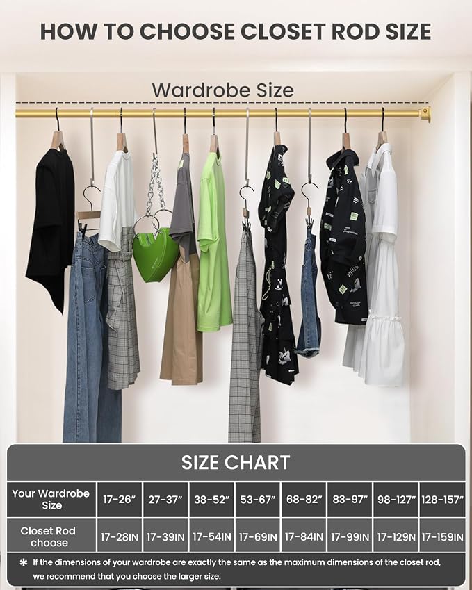 Supforce 2 Pack Closet Rods for Hanging Clothes, 17 to 39 Inches Stepless Adjustable Metal Closet Rod, 1.3 Inches Heavy Duty Clothes Hanging Rod for Closet Wardrobes Laundry RV, Golden