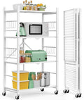 Himix Storage Shelves with 20 Hooks, 4-Tier Foldable Shelves for Storage, Folding Shelf Unit Pantry Shelves with Wheels, Metal Shelving Storage Rack Shelf for Kitchen Garage Home, White - No Assembly