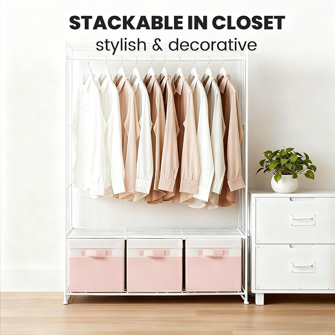 Large Closet Organizer Bins with Lids 4 Pack - 23 QT Collapsible Decorative Storage Boxes with Lids - Clothes Storage Bins with Handles - Fabric Containers for Living Room, Dorm, Nursery - Pink
