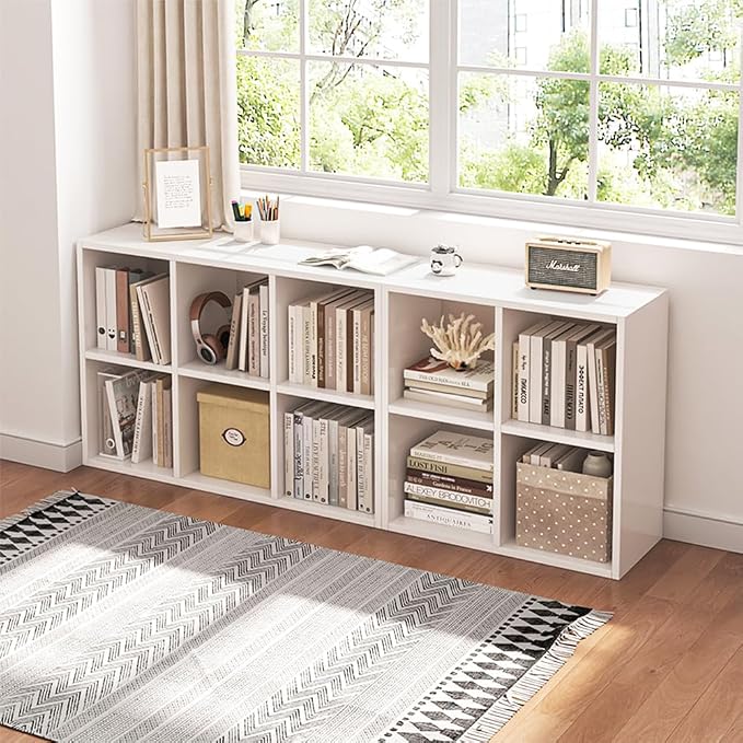 NELYE 4 Cube Organizer Bookcase White Open Shelf | Suitable for 11-inch Fabric Storage Bins, Simple Compartments Bookshelf, Holds 20 Lbs per Cube