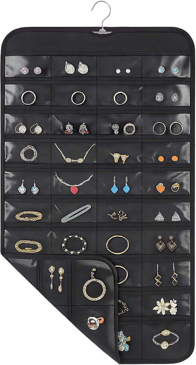 1 Pack Hanging Jewelry Organizer, 80 Clear Pockets earring organizer and storage, Accessories holder organizer for Closet, Jewelries, Necklace, Travel