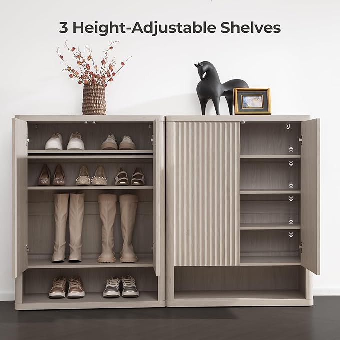 SICOTAS Shoe Cabinet 44 inch Tall Fluted Shoe Cabinet with Doors & 4 Shelves Wooden Large Hidden Shoe Storage Organizer Modern Free Standing 6-Tier Cabinet for Entryway Living Room Closet