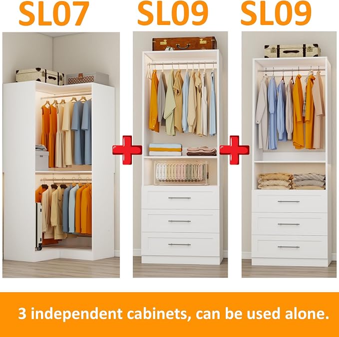Closet System with 3 Wooden Drawers, 4.5-6FT Corner Closet Organizer System for Walk in Closet, Heavy Duty Modular Closet Systems, Built-in Shelving System with 5 Hanging Rods, 2-Piece Set